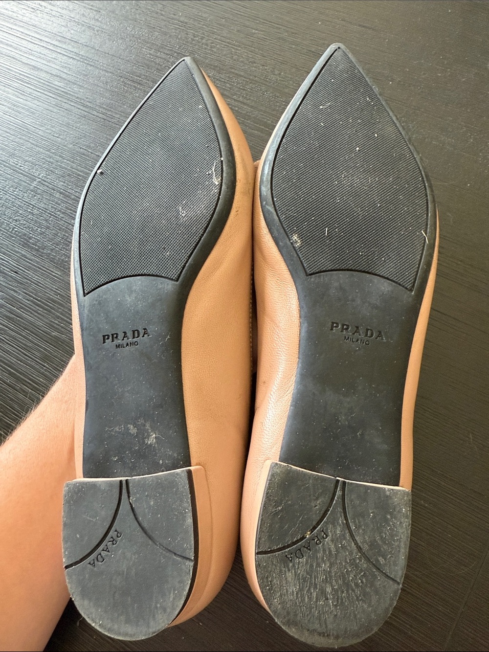 Prada Nude Pink Pointed-Toe Leather Ballet Flats with Bow Accent - Picture 9 of 11